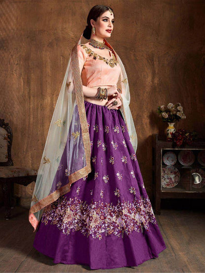 Beautiful Purple Thread Work Raw Silk Lehenga Choli With Dupatta - Zeel Clothing