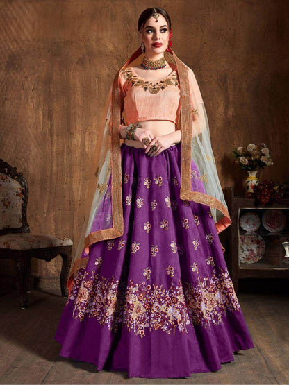 Beautiful Purple Thread Work Raw Silk Lehenga Choli With Dupatta - Zeel Clothing
