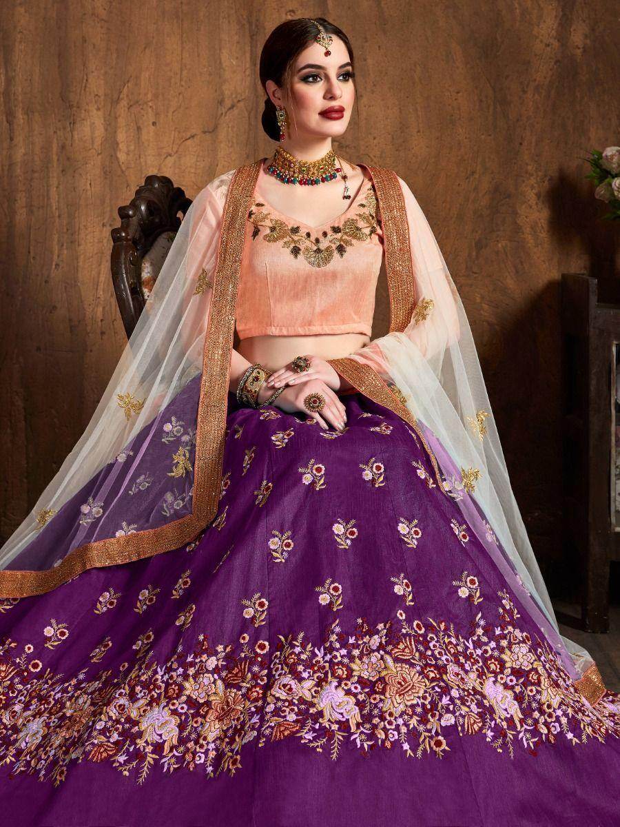 Beautiful Purple Thread Work Raw Silk Lehenga Choli With Dupatta - Zeel Clothing