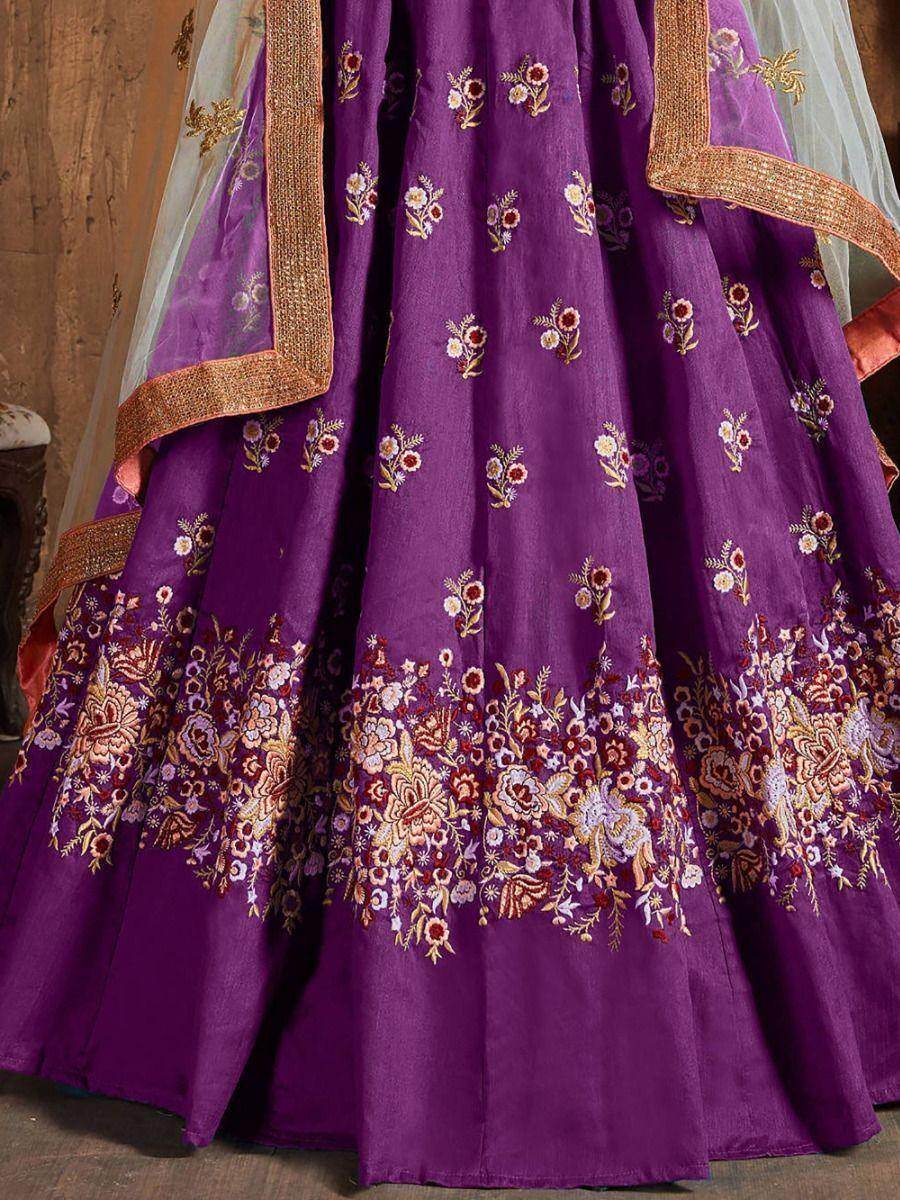 Beautiful Purple Thread Work Raw Silk Lehenga Choli With Dupatta - Zeel Clothing