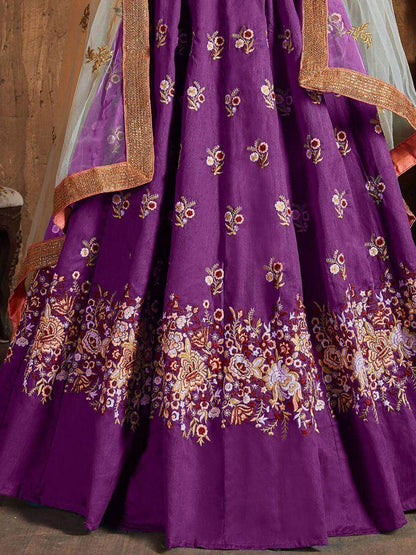 Beautiful Purple Thread Work Raw Silk Lehenga Choli With Dupatta - Zeel Clothing