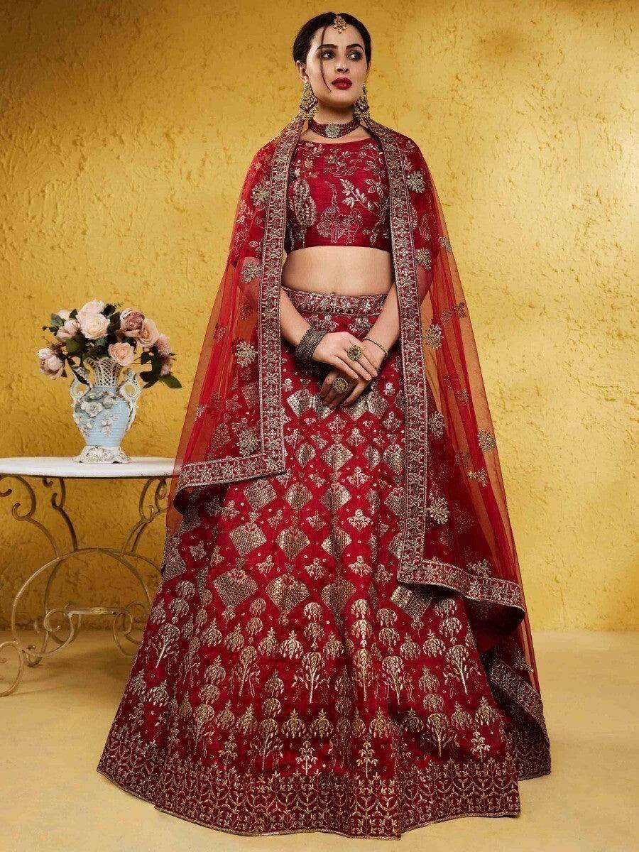Beautiful Red Embroidered Silk Wedding Wear Lehenga Choli With Dupatta - Zeel Clothing