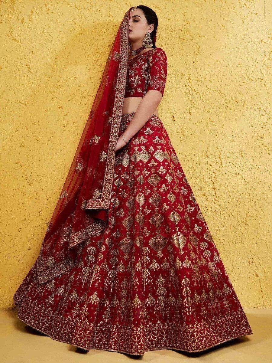 Beautiful Red Embroidered Silk Wedding Wear Lehenga Choli With Dupatta - Zeel Clothing