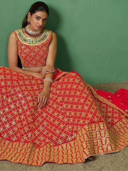 Beautiful Red Sequins Georgette Designer Lehenga Choli With Dupatta - Zeel Clothing