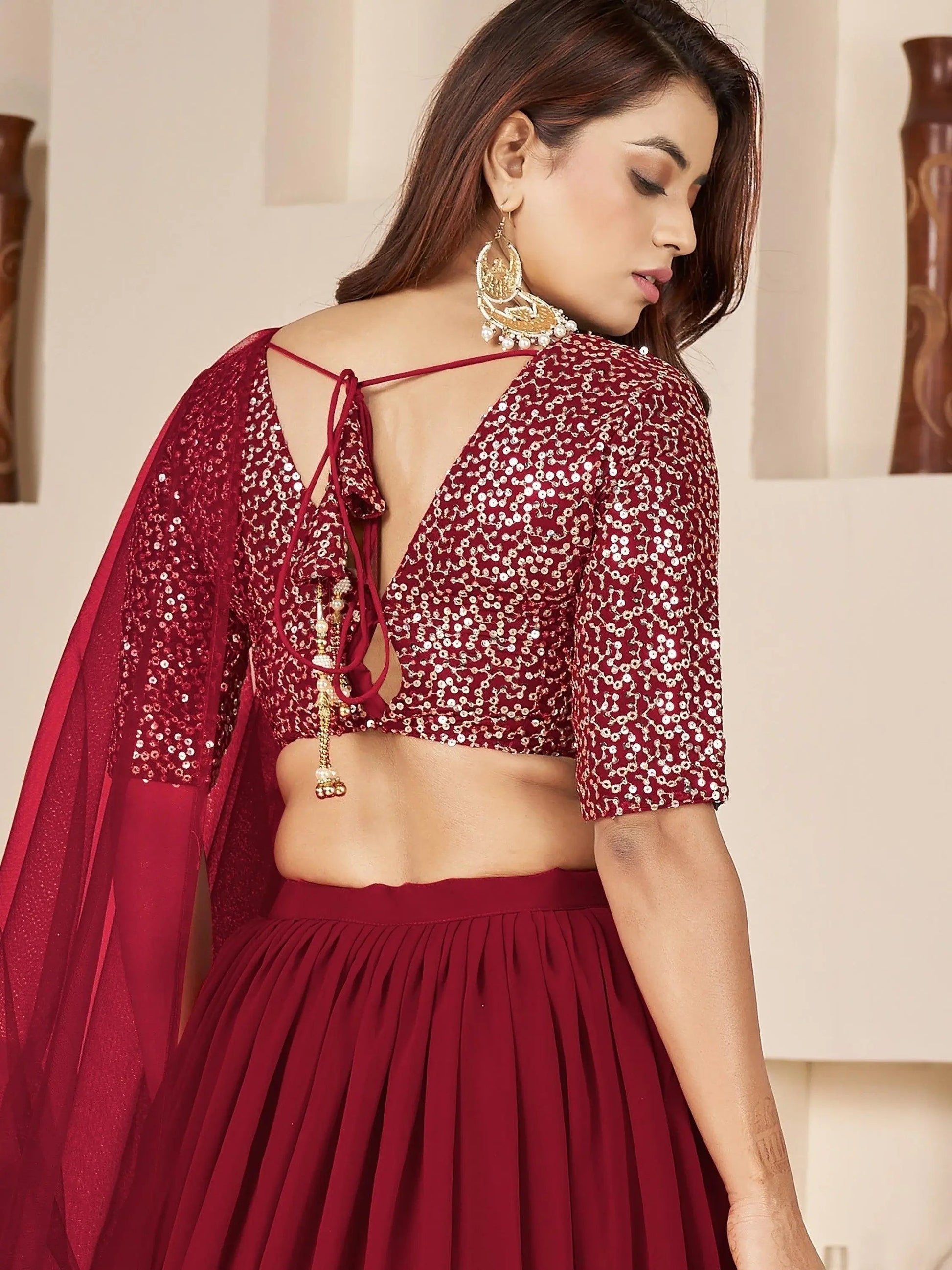 Beautiful Red Sequins Georgette Engagement Wear Lehenga Choli - Zeel Clothing
