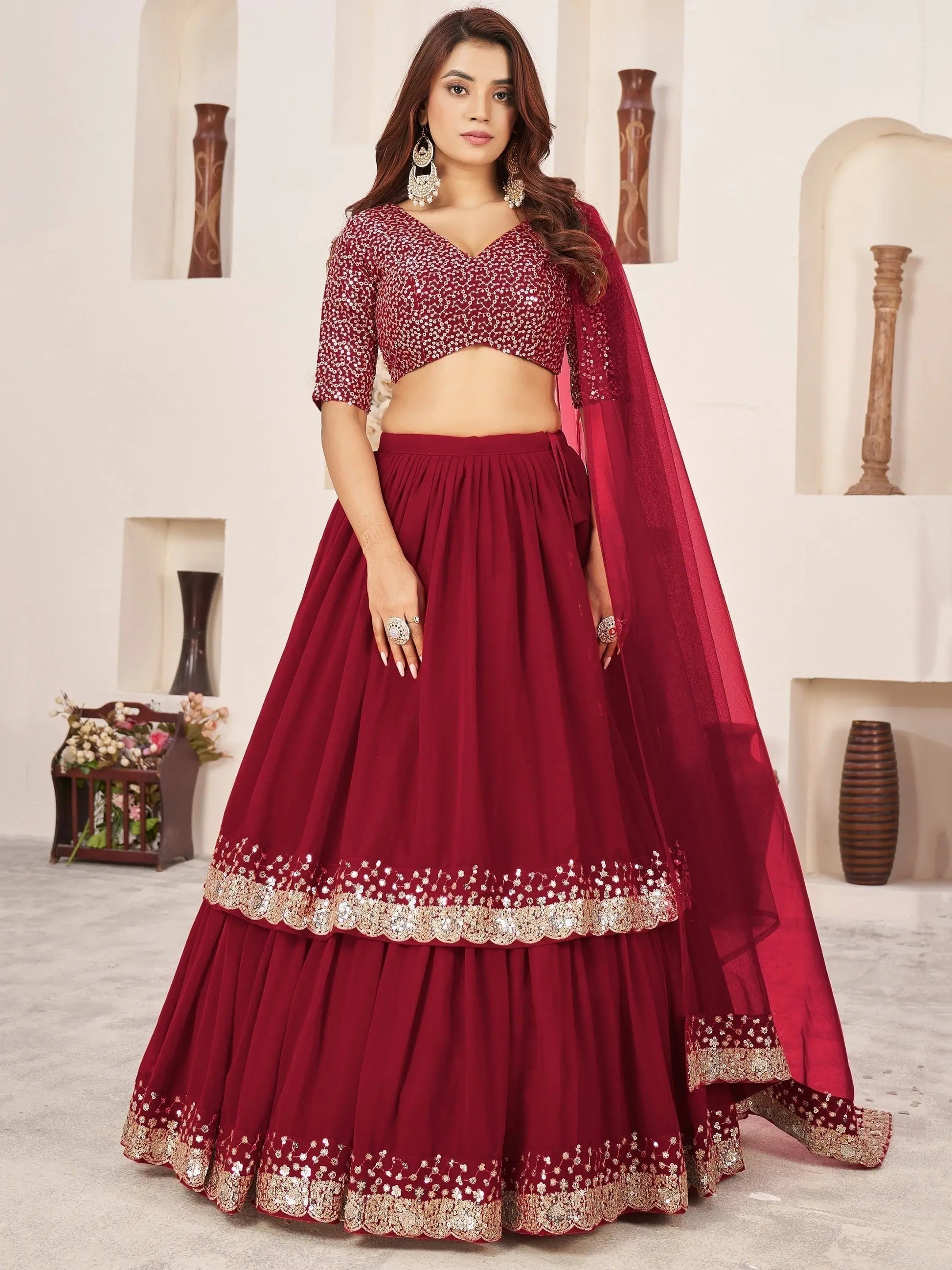 Beautiful Red Sequins Georgette Engagement Wear Lehenga Choli - Zeel Clothing