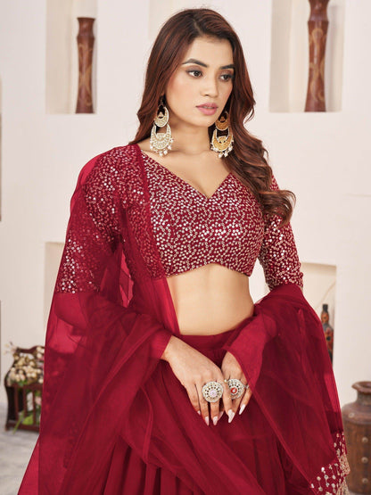 Beautiful Red Sequins Georgette Engagement Wear Lehenga Choli - Zeel Clothing