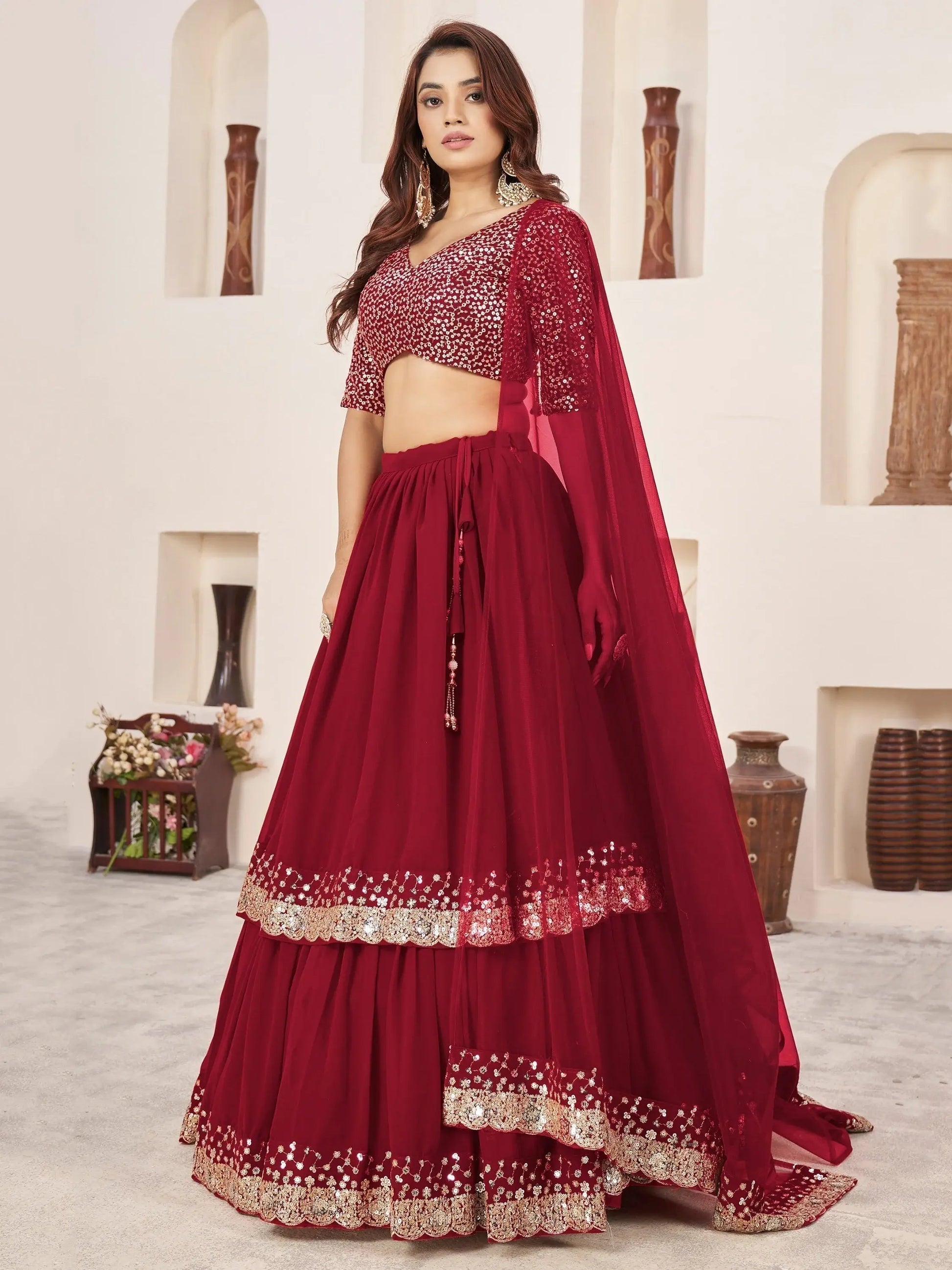Beautiful Red Sequins Georgette Engagement Wear Lehenga Choli - Zeel Clothing