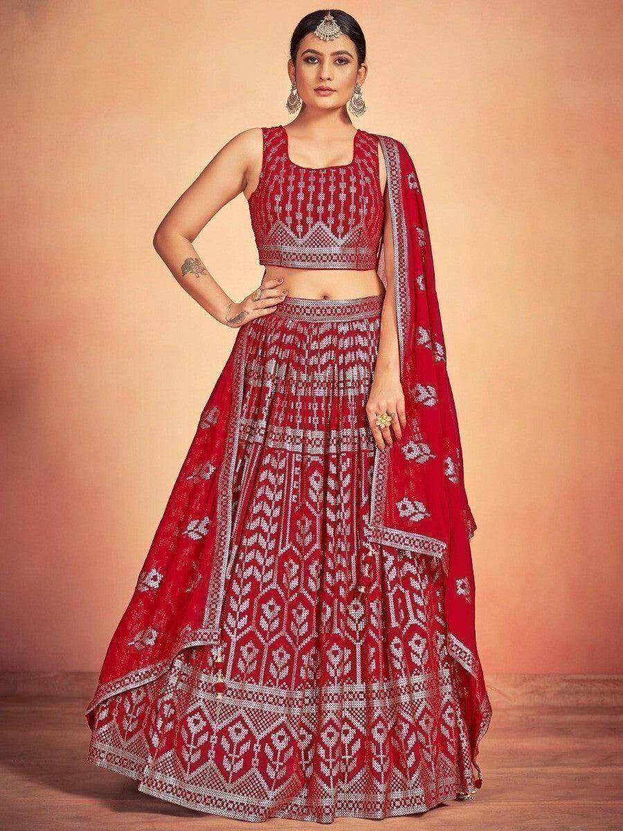 Beautiful Red Sequins Georgette Wedding Wear Lehenga Choli With Dupatta - Zeel Clothing