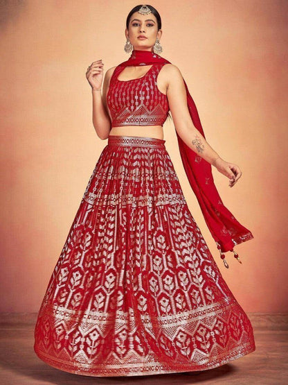 Beautiful Red Sequins Georgette Wedding Wear Lehenga Choli With Dupatta - Zeel Clothing