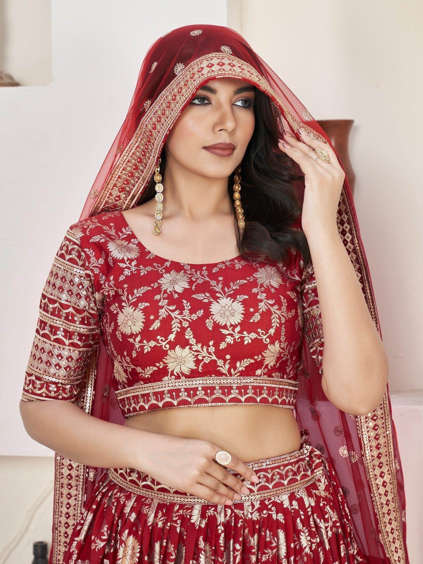 Beautiful Red Zari Work Jacquard Reception Wear Lehenga Choli - Zeel Clothing