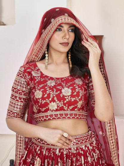 Beautiful Red Zari Work Jacquard Reception Wear Lehenga Choli - Zeel Clothing