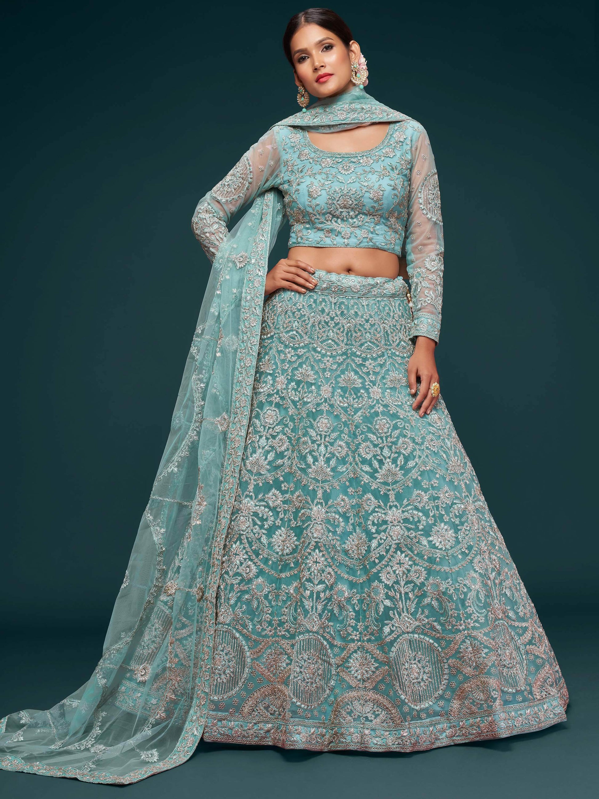 Beautiful Sea Blue Embroidered Soft Net Lehenga Choli With Dupatta - Zeel Clothing