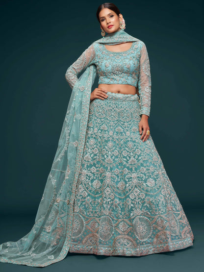 Beautiful Sea Blue Embroidered Soft Net Lehenga Choli With Dupatta - Zeel Clothing