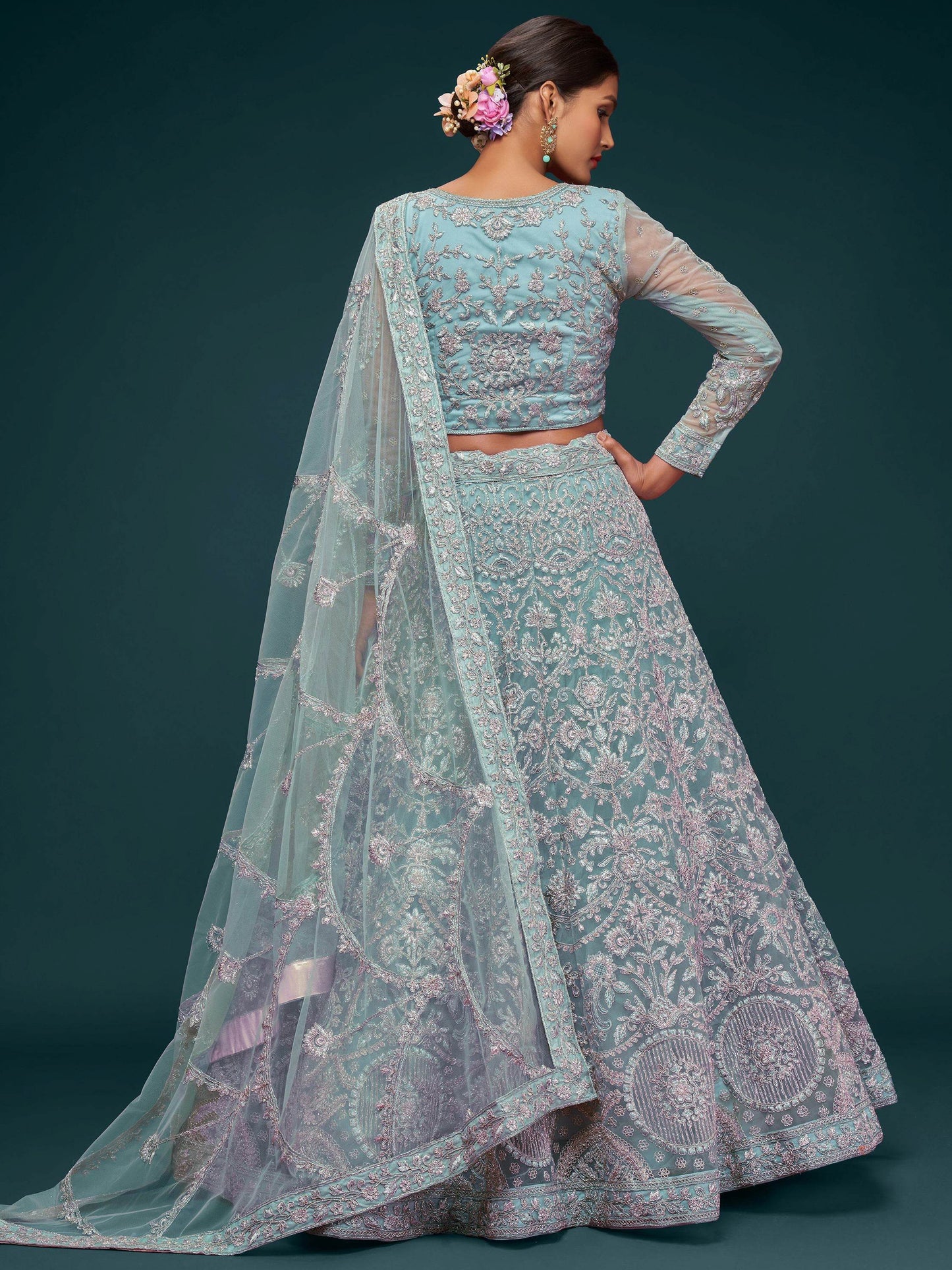 Beautiful Sea Blue Embroidered Soft Net Lehenga Choli With Dupatta - Zeel Clothing