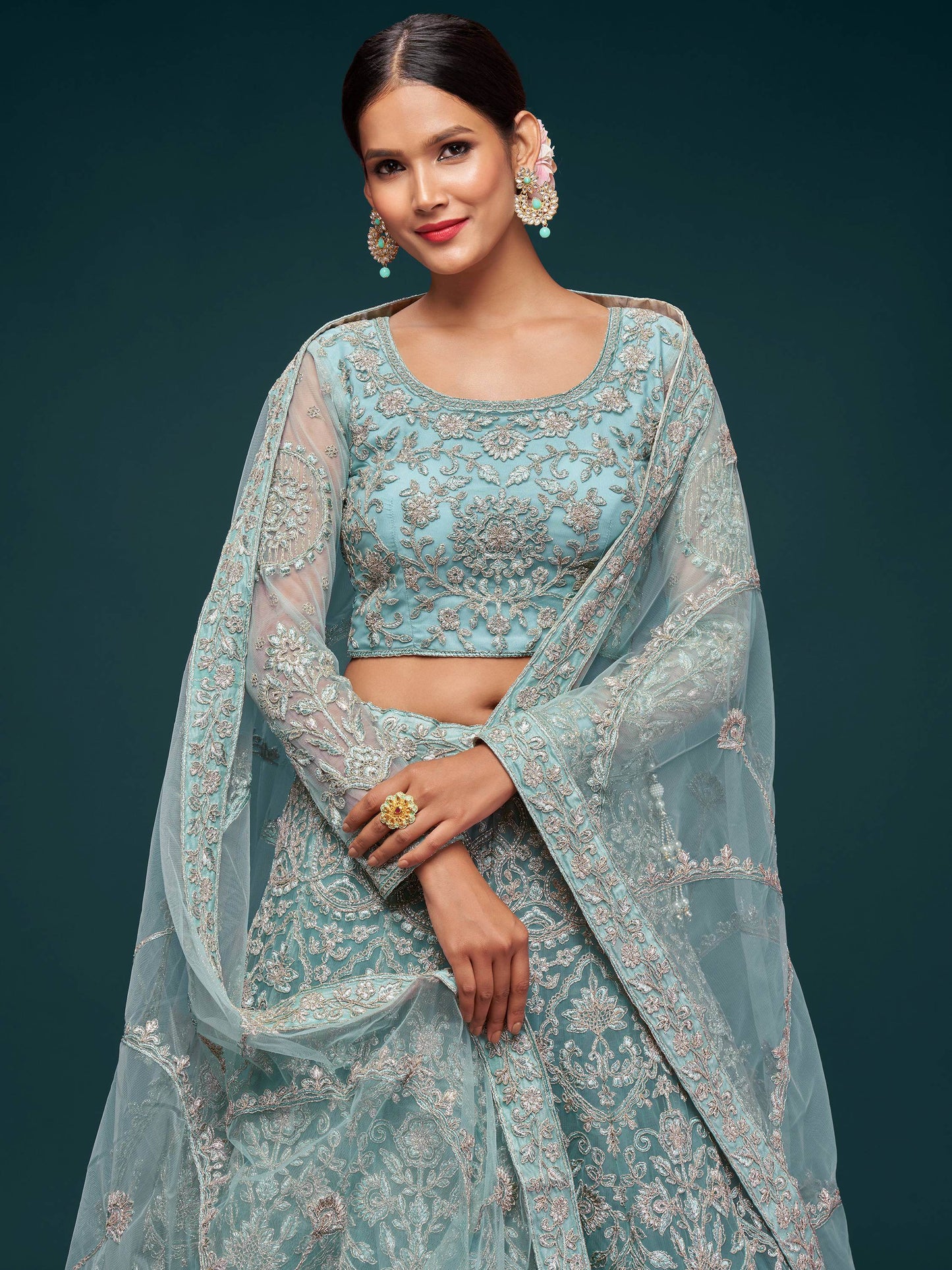 Beautiful Sea Blue Embroidered Soft Net Lehenga Choli With Dupatta - Zeel Clothing