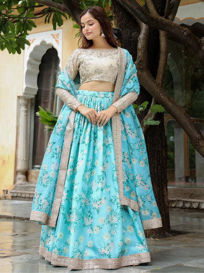 Beautiful Sky Blue Floral Print Organza Lehenga Choli With Dupatta - Zeel Clothing