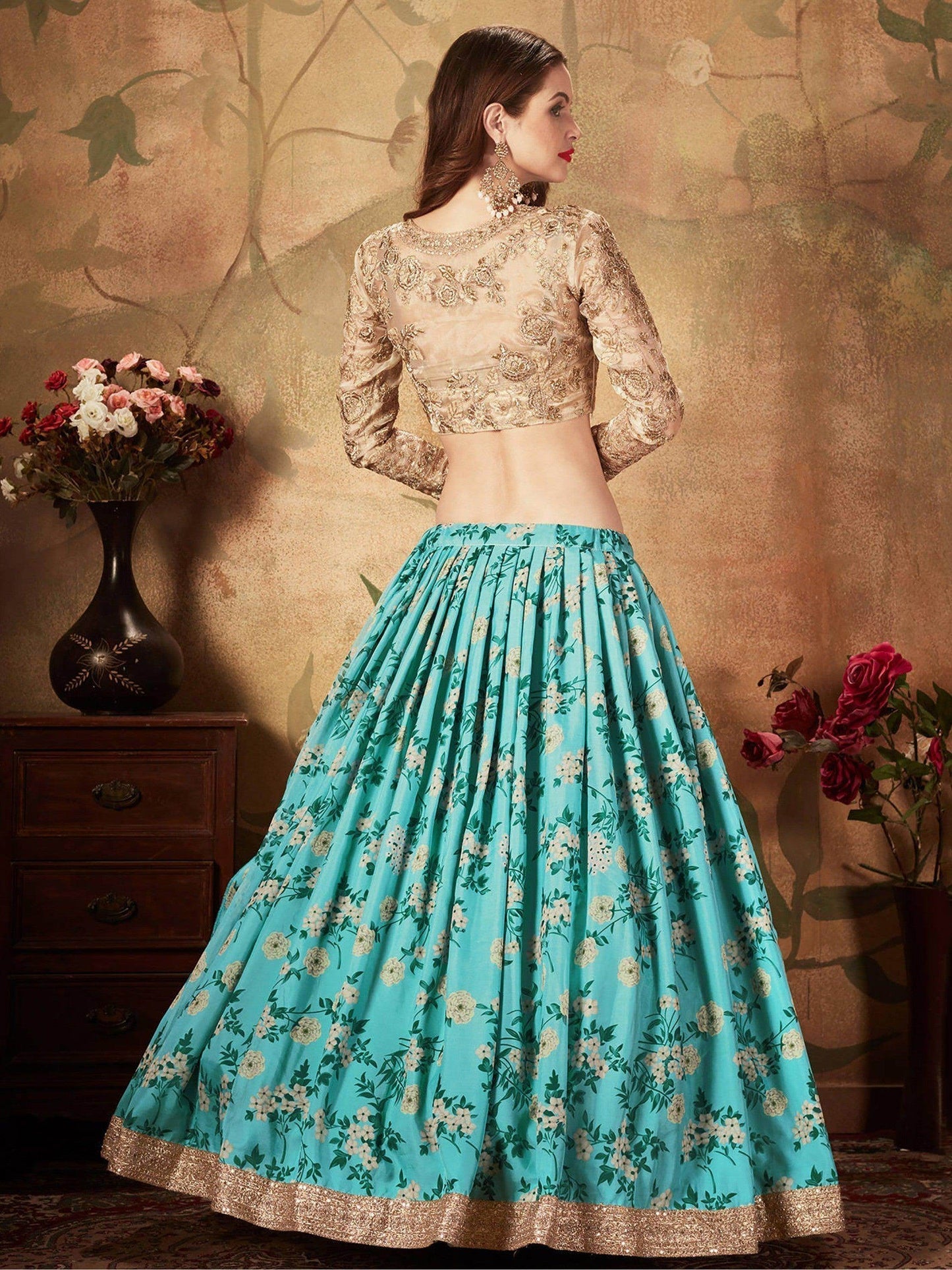 Beautiful Sky Blue Sabyasachi Floral Digital Printed Organza Party Wear Lehenga Choli - Zeel Clothing