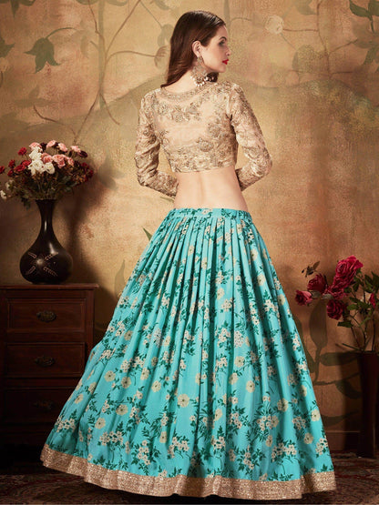 Beautiful Sky Blue Sabyasachi Floral Digital Printed Organza Party Wear Lehenga Choli - Zeel Clothing