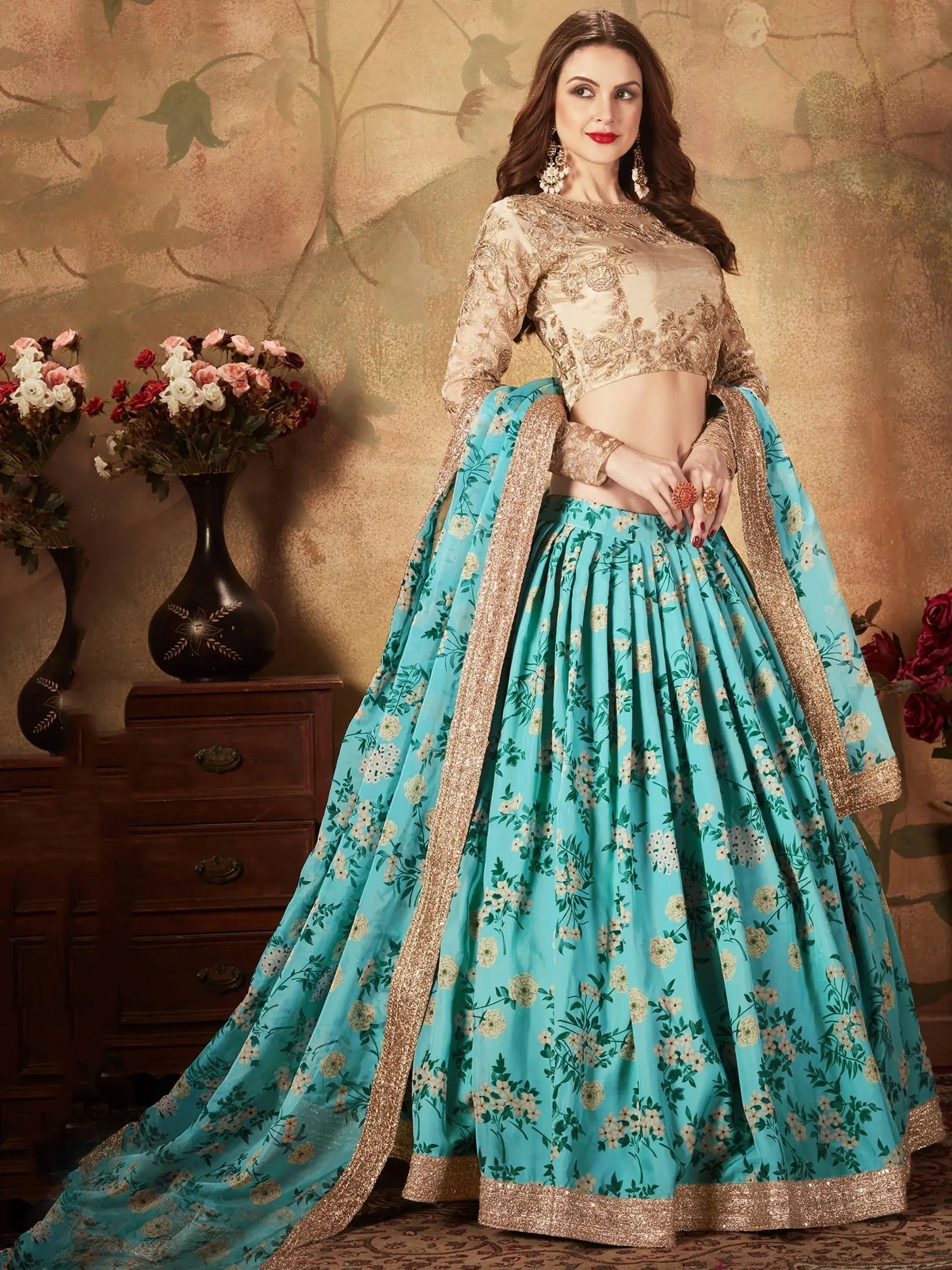 Beautiful Sky Blue Sabyasachi Floral Digital Printed Organza Party Wear Lehenga Choli - Zeel Clothing
