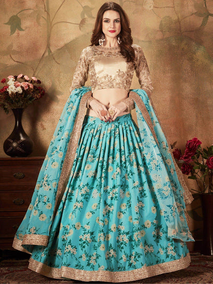 Beautiful Sky Blue Sabyasachi Floral Digital Printed Organza Party Wear Lehenga Choli - Zeel Clothing
