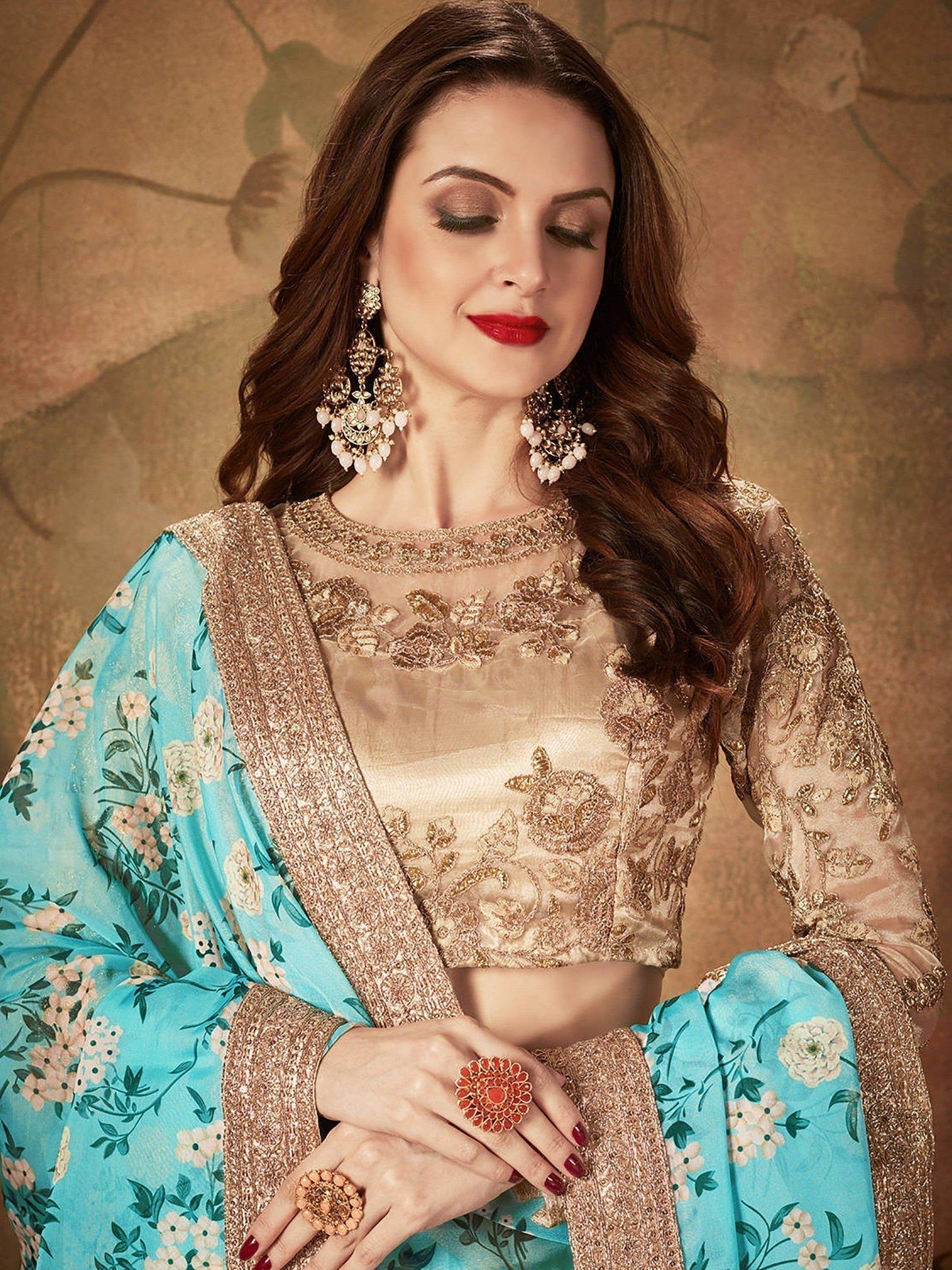 Beautiful Sky Blue Sabyasachi Floral Digital Printed Organza Party Wear Lehenga Choli - Zeel Clothing