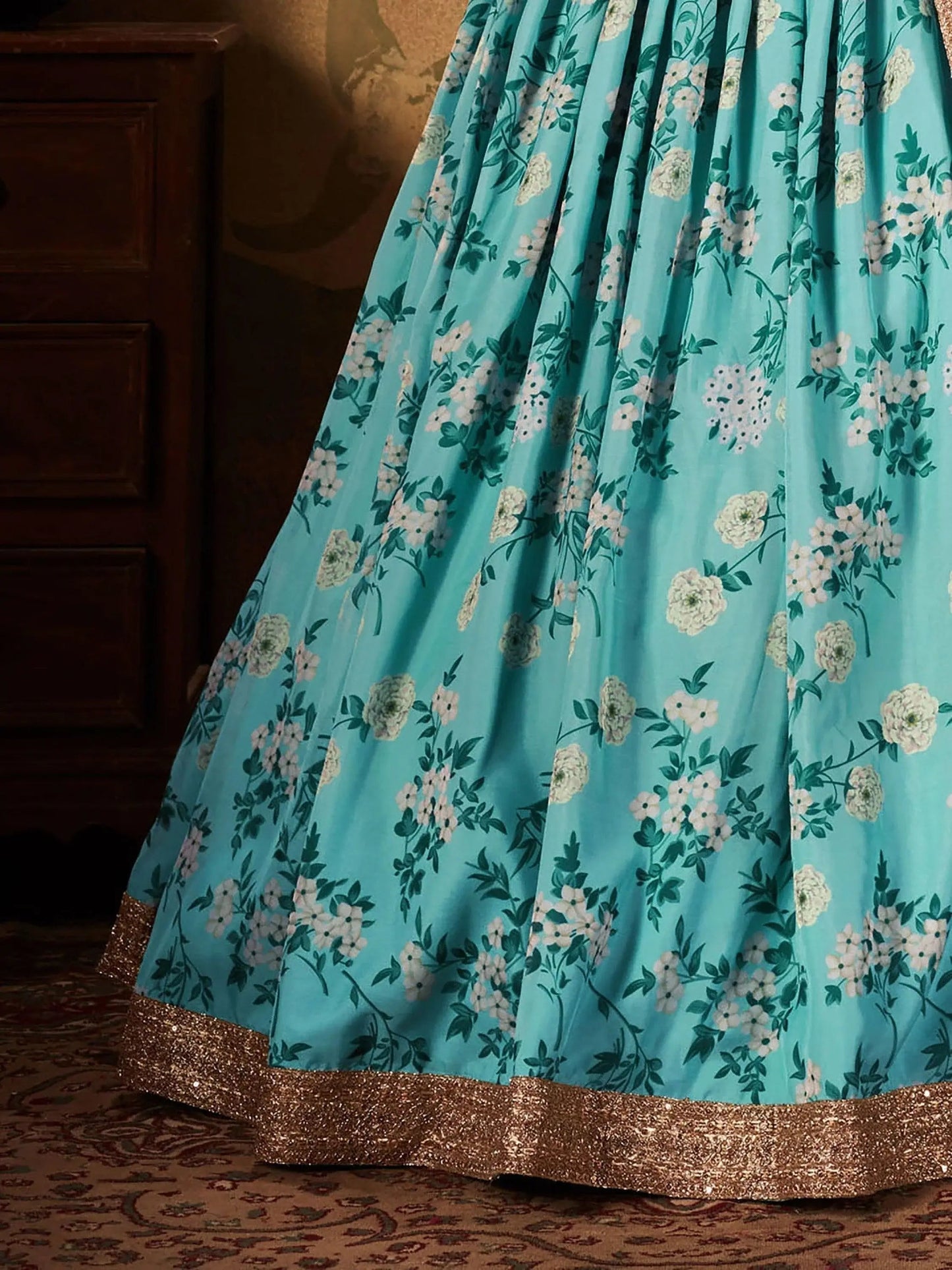 Beautiful Sky Blue Sabyasachi Floral Digital Printed Organza Party Wear Lehenga Choli - Zeel Clothing