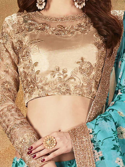 Beautiful Sky Blue Sabyasachi Floral Digital Printed Organza Party Wear Lehenga Choli - Zeel Clothing