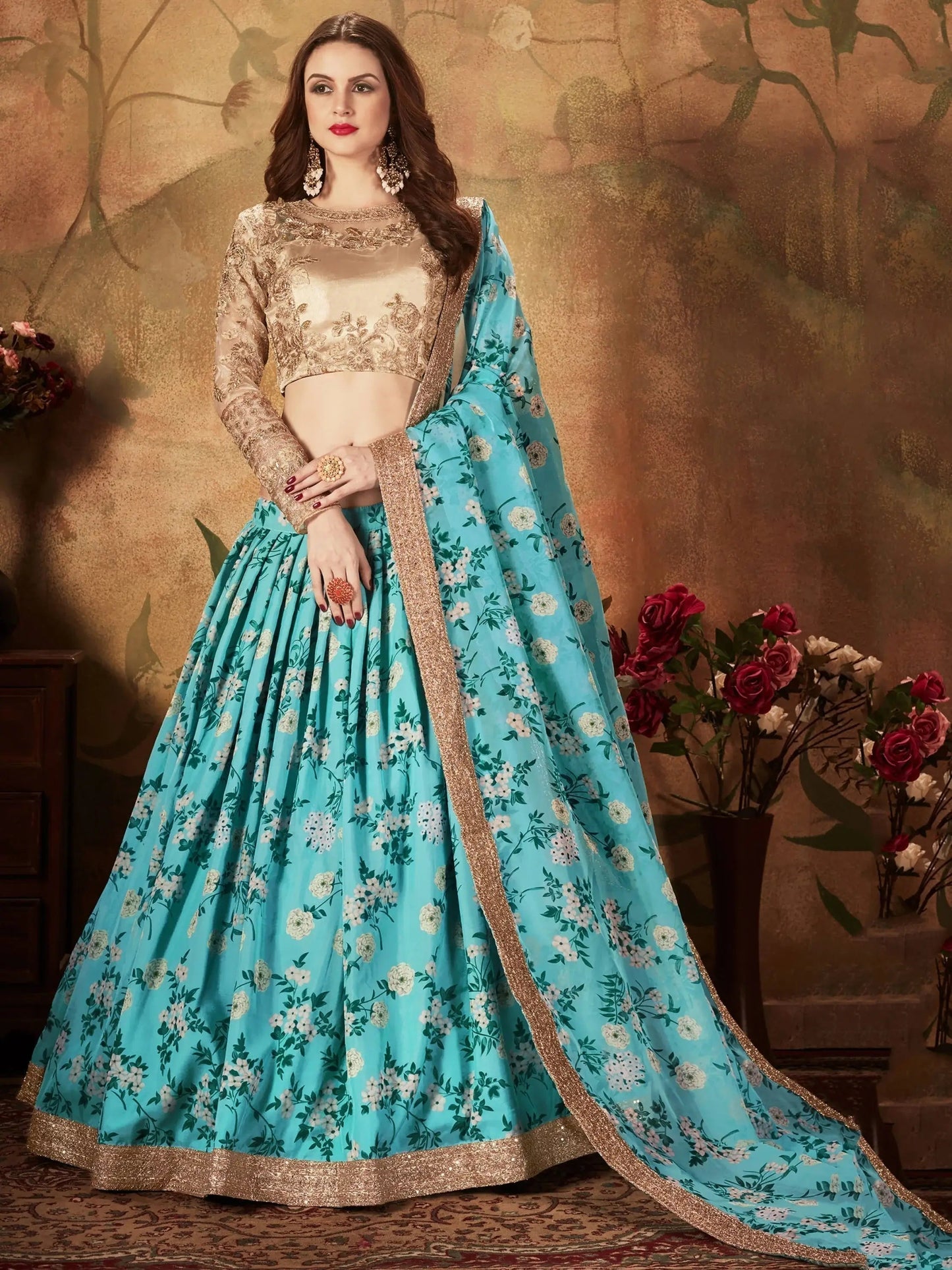 Beautiful Sky Blue Sabyasachi Floral Digital Printed Organza Party Wear Lehenga Choli - Zeel Clothing