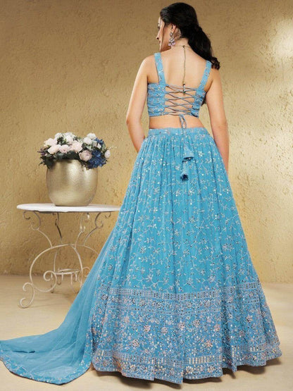 Beautiful Sky-Blue Sequins Georgette Lehenga Choli With Dupatta - Zeel Clothing