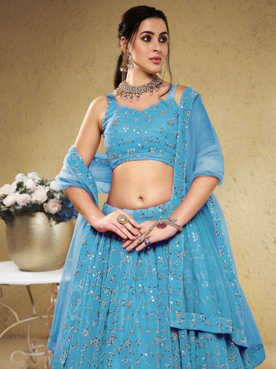Beautiful Sky-Blue Sequins Georgette Lehenga Choli With Dupatta - Zeel Clothing