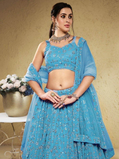 Beautiful Sky-Blue Sequins Georgette Lehenga Choli With Dupatta - Zeel Clothing