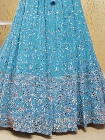 Beautiful Sky-Blue Sequins Georgette Lehenga Choli With Dupatta - Zeel Clothing