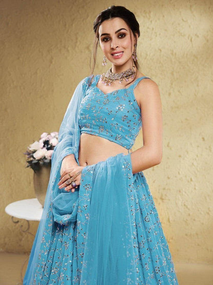 Beautiful Sky-Blue Sequins Georgette Lehenga Choli With Dupatta - Zeel Clothing