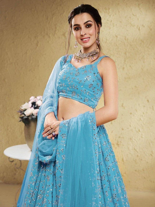 Beautiful Sky-Blue Sequins Georgette Lehenga Choli With Dupatta - Zeel Clothing