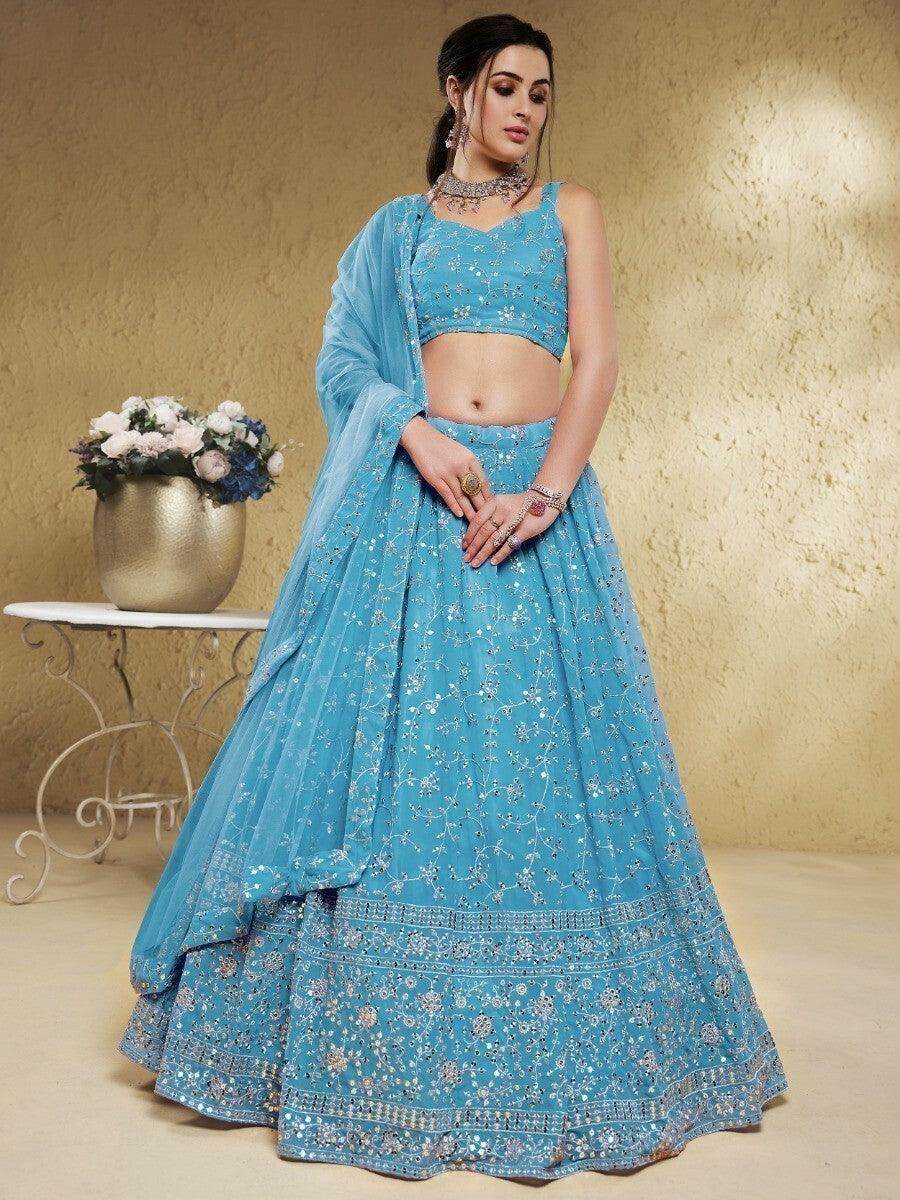 Beautiful Sky-Blue Sequins Georgette Lehenga Choli With Dupatta - Zeel Clothing