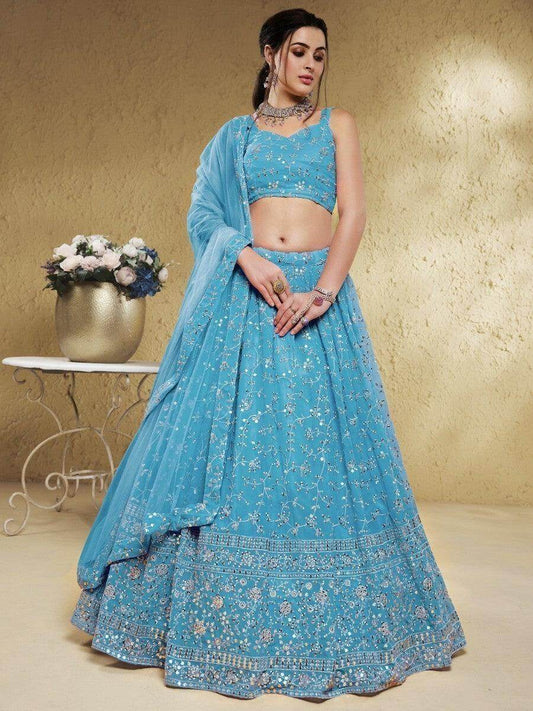 Beautiful Sky-Blue Sequins Georgette Lehenga Choli With Dupatta - Zeel Clothing