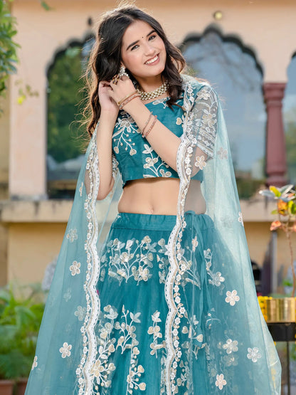 Beautiful Teal Blue Thread Embroidered Net Designer Lehenga Choli - Zeel Clothing