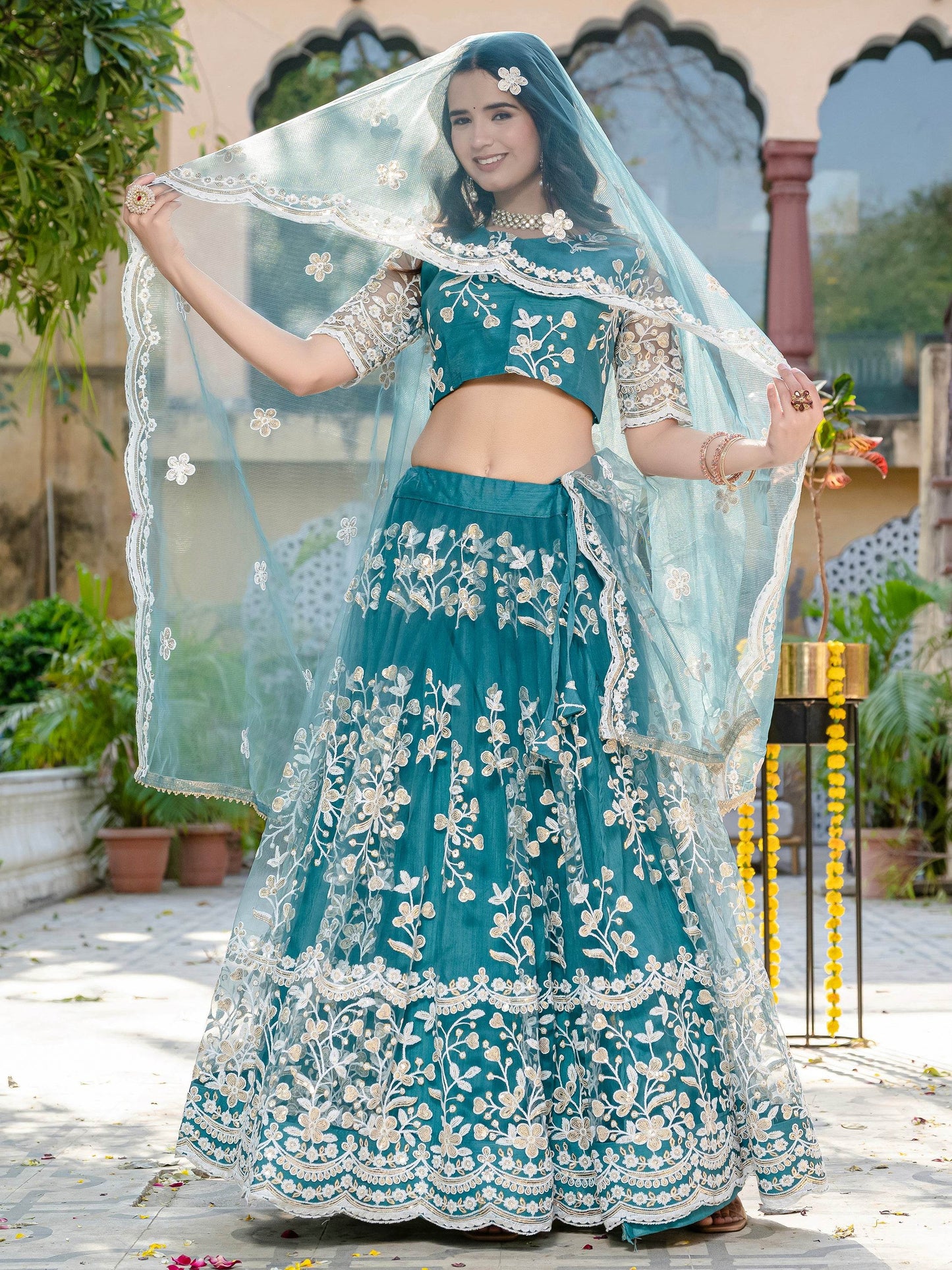 Beautiful Teal Blue Thread Embroidered Net Designer Lehenga Choli - Zeel Clothing