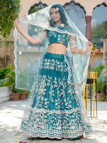 Beautiful Teal Blue Thread Embroidered Net Designer Lehenga Choli - Zeel Clothing
