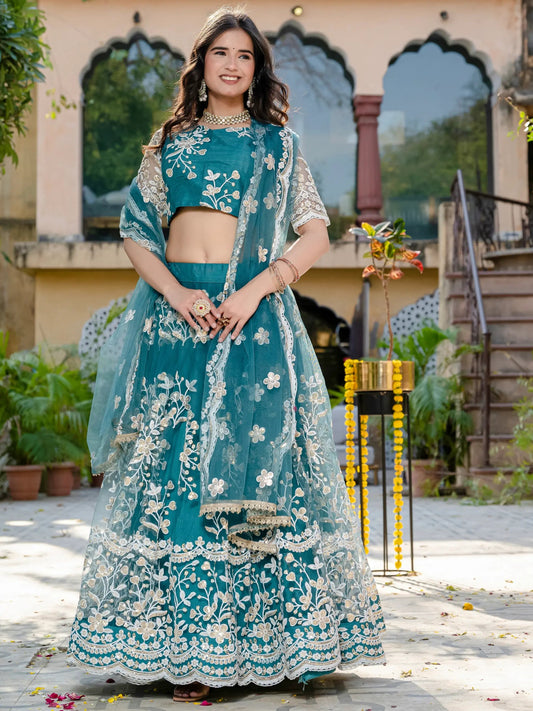 Beautiful Teal Blue Thread Embroidered Net Designer Lehenga Choli - Zeel Clothing