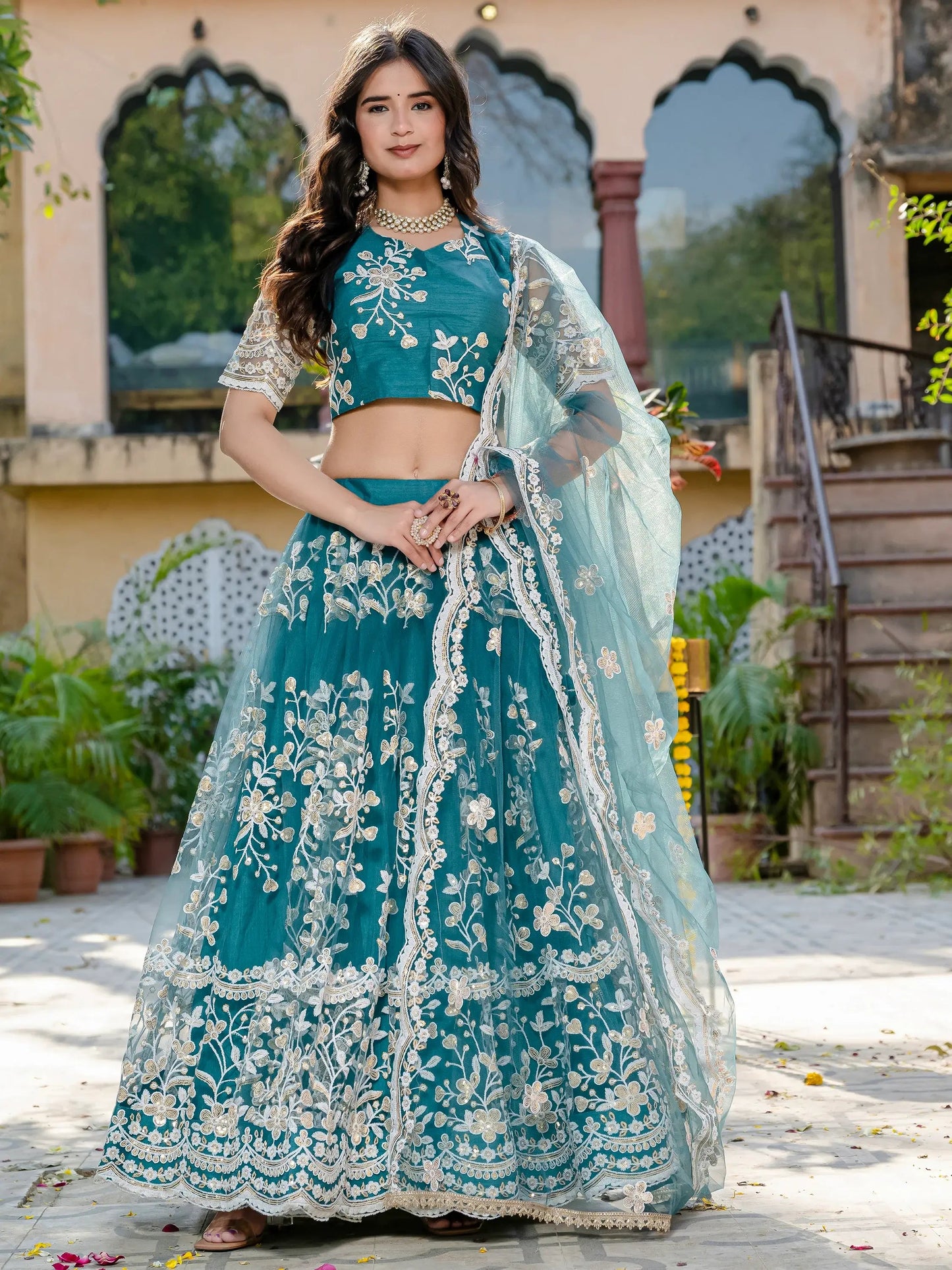 Beautiful Teal Blue Thread Embroidered Net Designer Lehenga Choli - Zeel Clothing