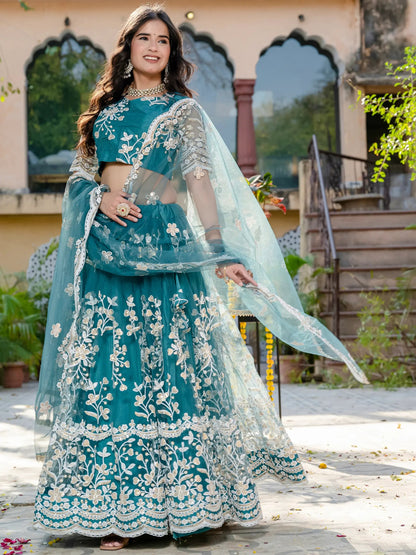 Beautiful Teal Blue Thread Embroidered Net Designer Lehenga Choli - Zeel Clothing