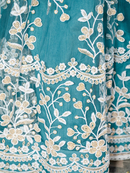Beautiful Teal Blue Thread Embroidered Net Designer Lehenga Choli - Zeel Clothing