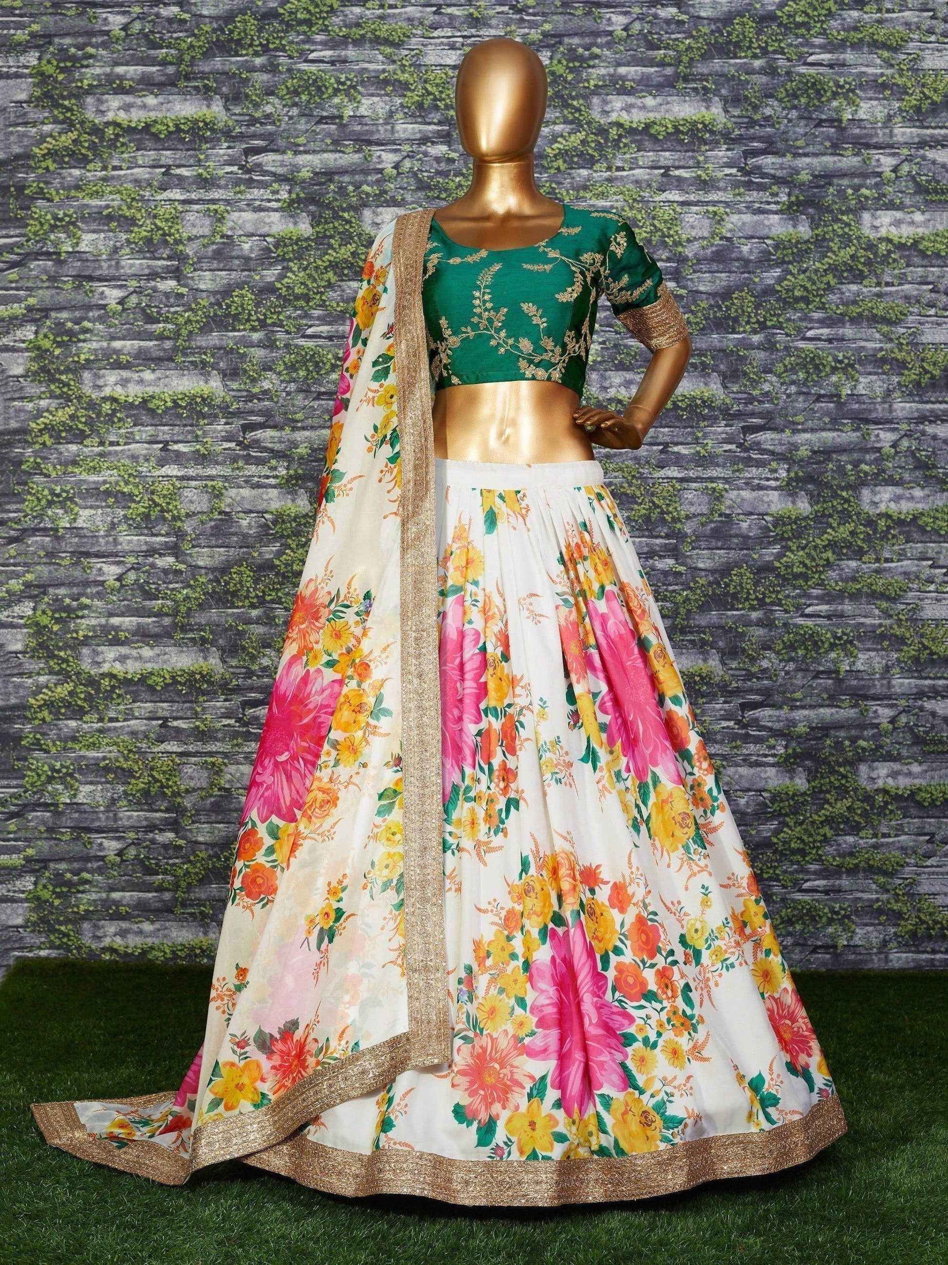 Beautiful White-Green Designer Digital Printed Lehenga Choli - Zeel Clothing