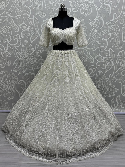 Beautiful White Thread Work Net Bridesmaid Lehenga Choli With Dupatta - Zeel Clothing