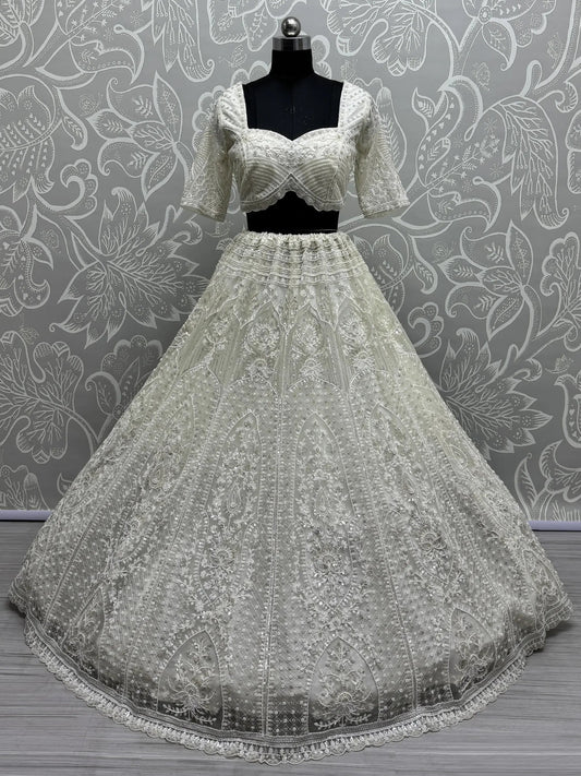 Beautiful White Thread Work Net Bridesmaid Lehenga Choli With Dupatta - Zeel Clothing