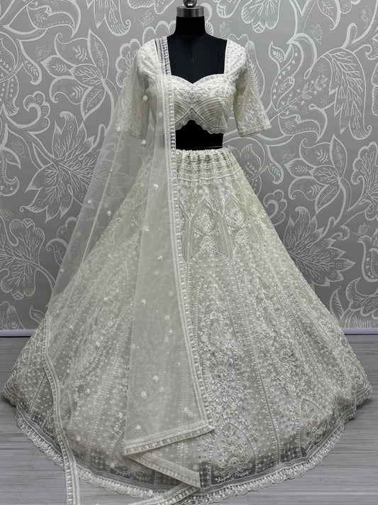 Beautiful White Thread Work Net Bridesmaid Lehenga Choli With Dupatta - Zeel Clothing