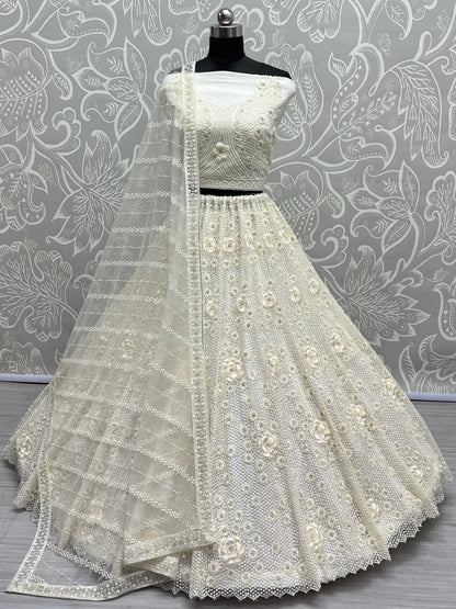 Beautiful White Thread Work Net Designer Lehenga Choli With Dupatta - Zeel Clothing