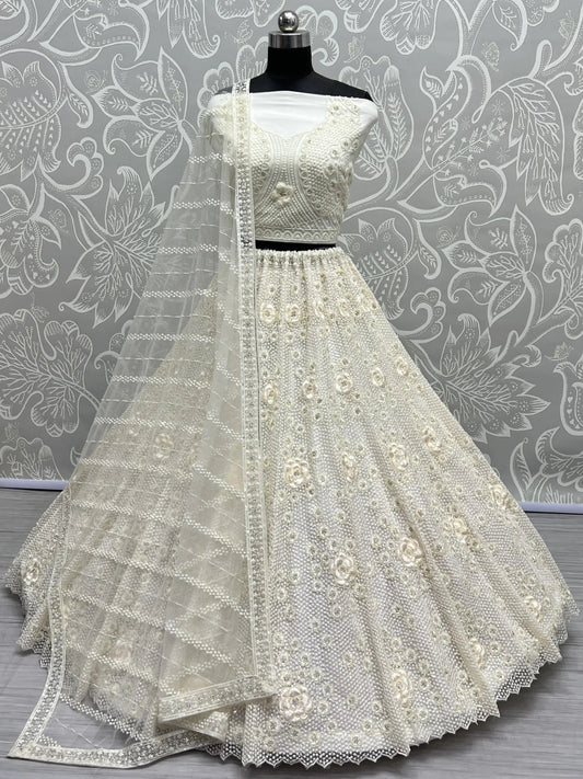 Beautiful White Thread Work Net Designer Lehenga Choli With Dupatta - Zeel Clothing